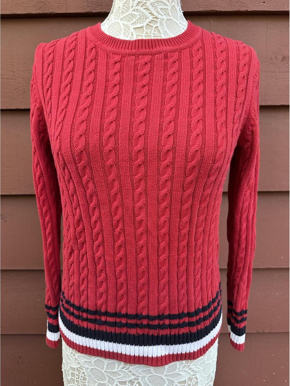 Tommy Hilfiger Red Cable Knit Sweater Preppy Collegiate Vintage Y2K